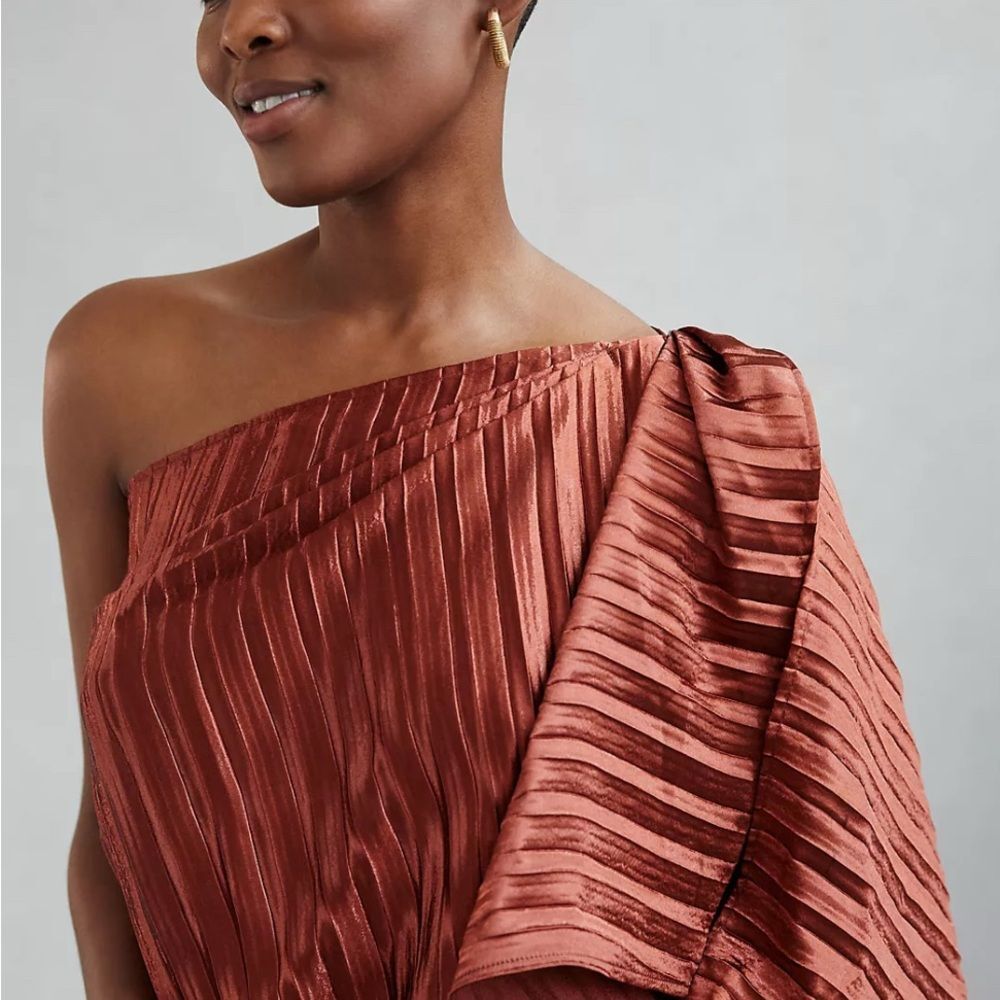 Copper One Shoulder Dress Anthropologie Guapa Mini shimmer glamour party size 8 - Picture 3 of 10